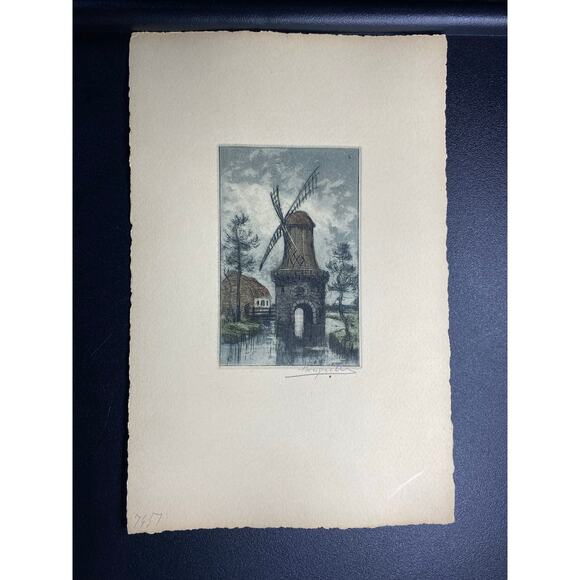 Bouquett — Hand-Colored Etching Windmill & Canal European Scene Signed - Picture 1 of 5